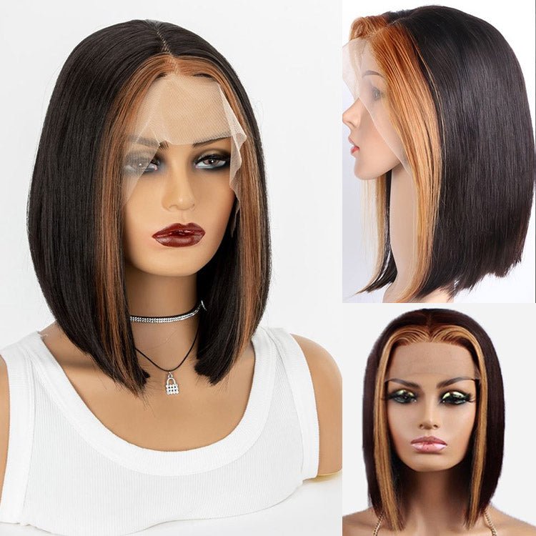 13x1 T Part Lace Front Highlight 1B/27 Straight Human Hair Wigs Straight Bob Wig - Superlovehair
