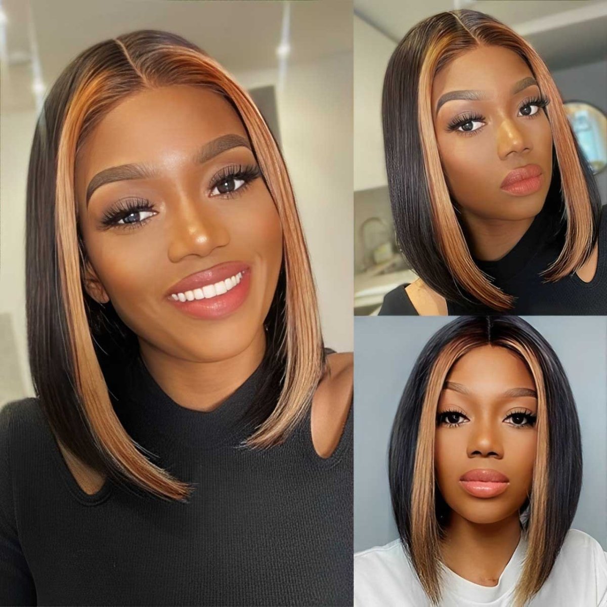 13x1 T Part Lace Front Highlight 1B/27 Straight Human Hair Wigs Straight Bob Wig - Superlovehair