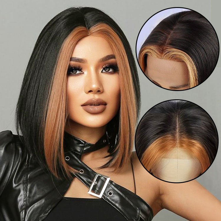 13x1 T Part Lace Front Highlight 1B/27 Straight Human Hair Wigs Straight Bob Wig - Superlovehair