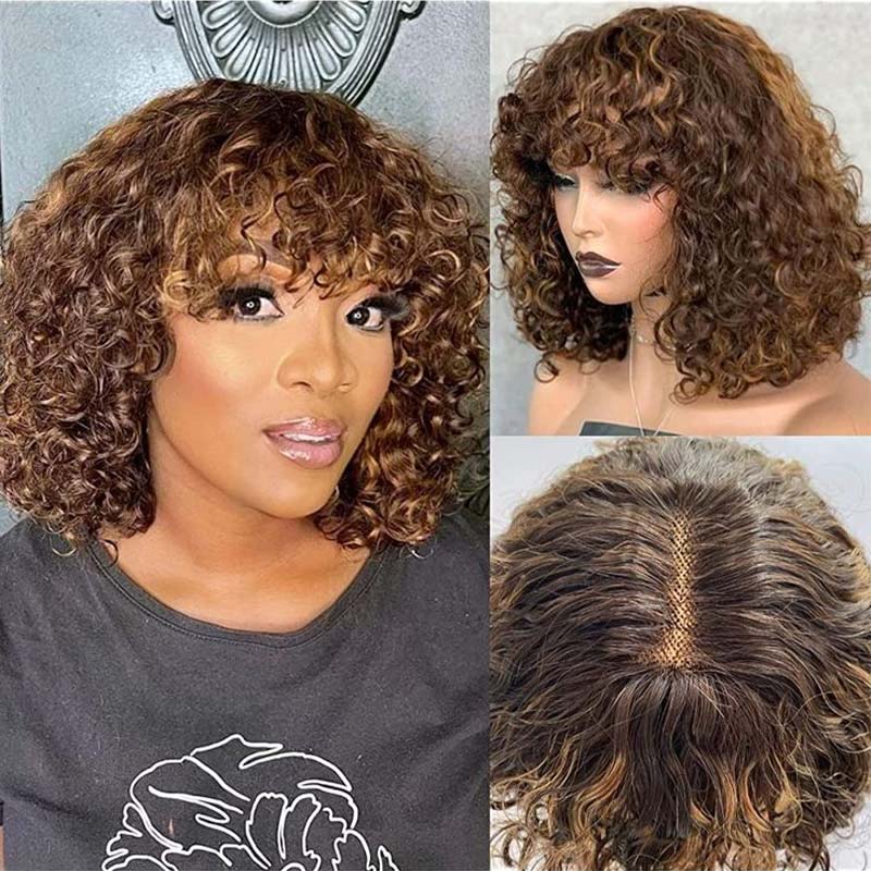Brazilian Fringe Bob Wig Water Wave Human Hair Wigs with Bangs Mix Color & Natural Balck Color - Superlovehair