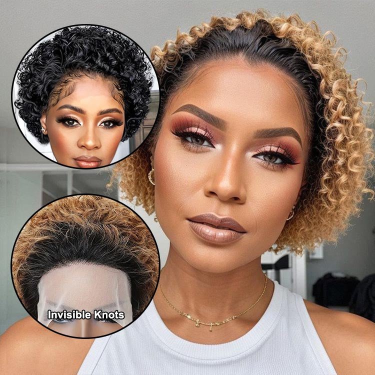 Flash Sale | Short Curly Pixie Cut 13x1 Lace Wig Natural Black & 1B/27 Ombre Glueless Wig - Superlovehair