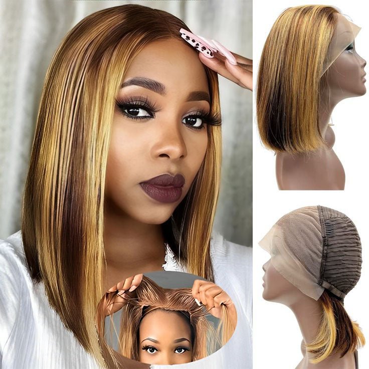 Glueless 13x4 Lace Frontal Honey Blonde Ombre Highlight Bob wig Remy Hair - Superlovehair