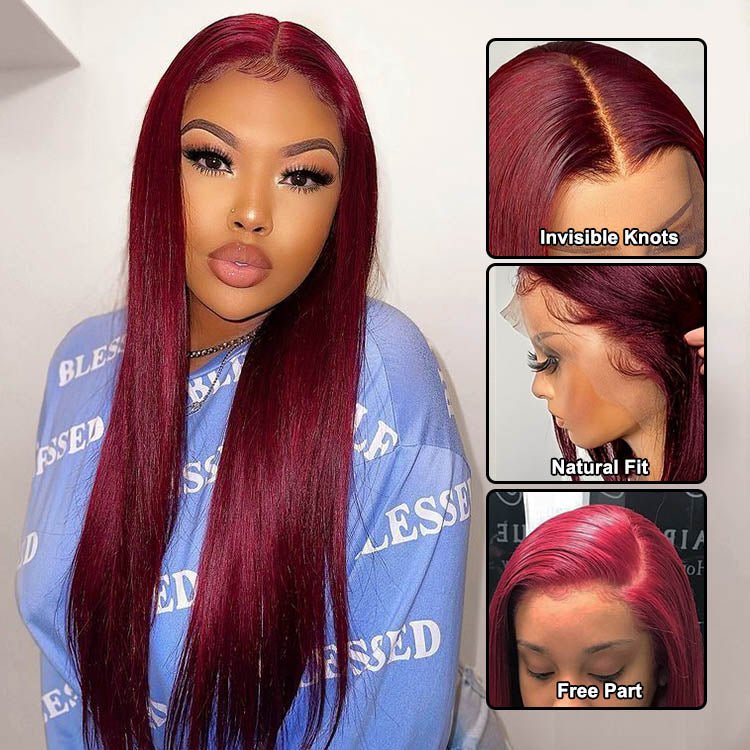 Glueless 13x6 Frontal Lace 99J Burgundy Wine Red Straight Wig Human Hair - Superlovehair
