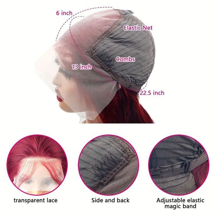 Glueless 13x6 Frontal Lace 99J Burgundy Wine Red Straight Wig Human Hair - Superlovehair