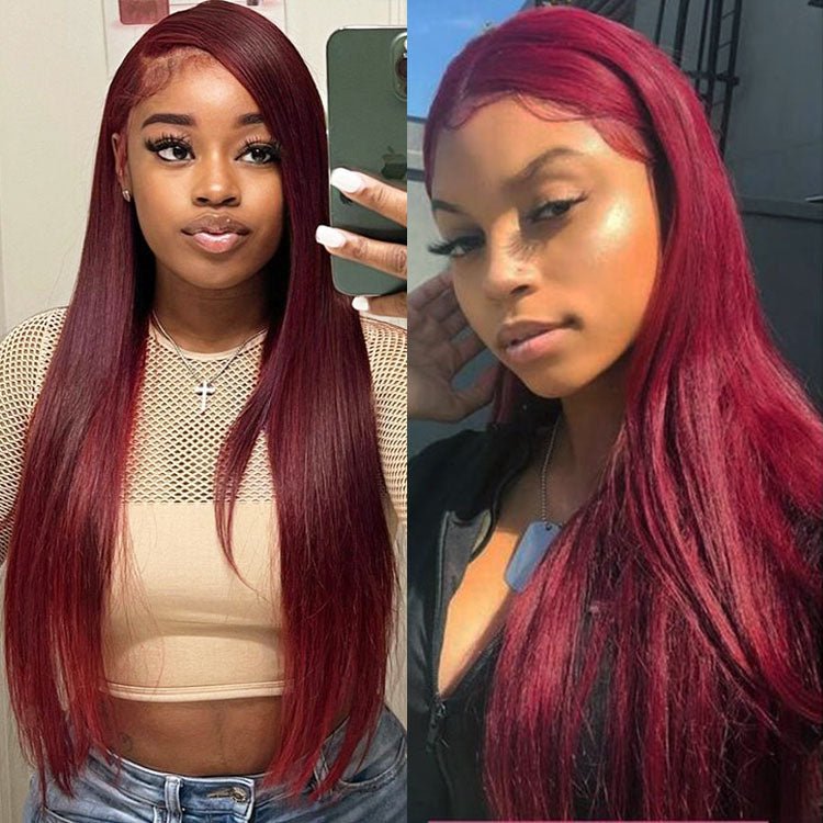 Glueless 13x6 Frontal Lace 99J Burgundy Wine Red Straight Wig Human Hair - Superlovehair