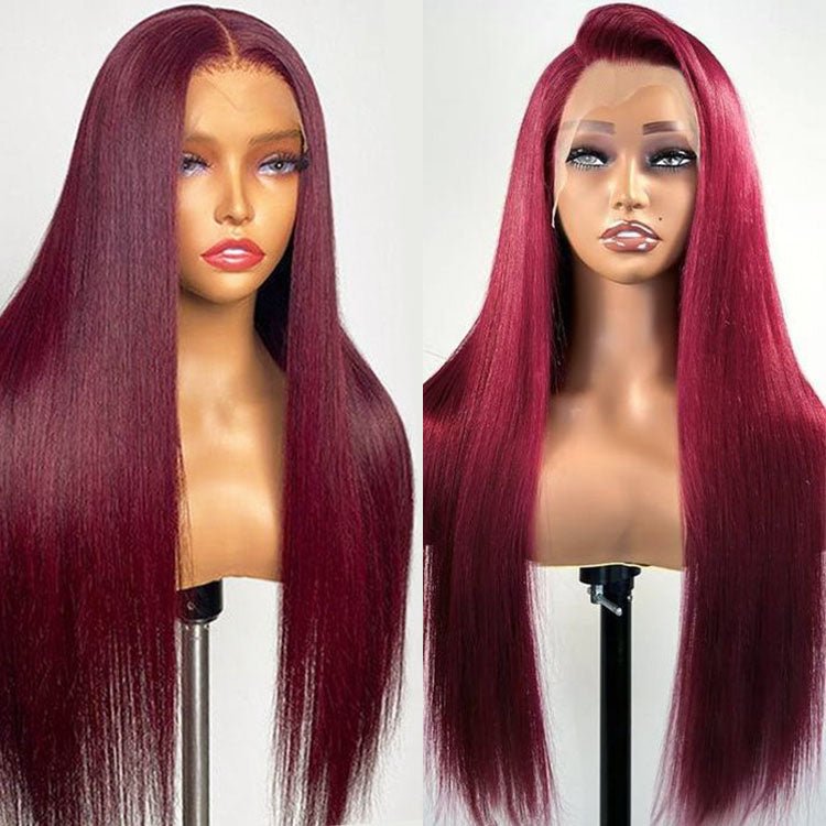 Glueless 13x6 Frontal Lace 99J Burgundy Wine Red Straight Wig Human Hair - Superlovehair