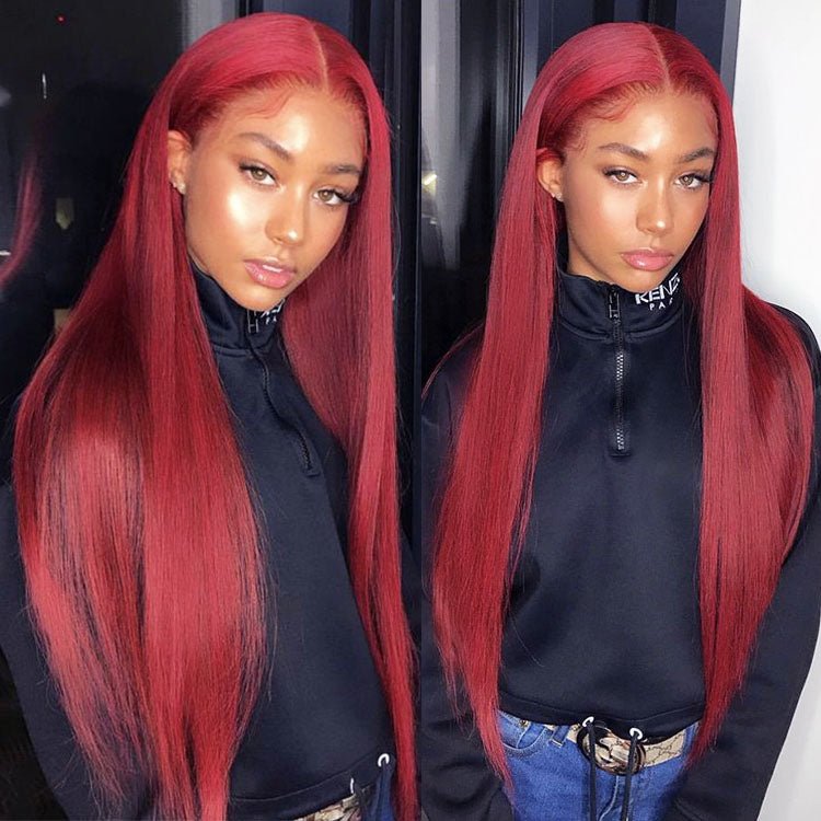 Glueless 13x6 Frontal Lace 99J Burgundy Wine Red Straight Wig Human Hair - Superlovehair
