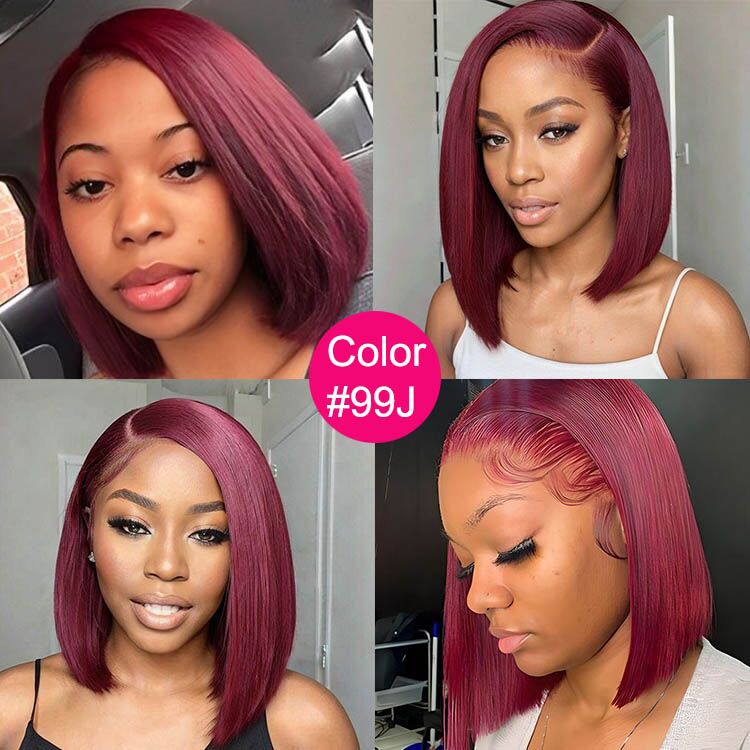 Glueless 99J Burgundy 13x4 Frontal Lace Straight Short Bob Wig - Superlovehair
