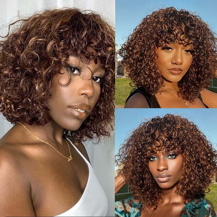 Glueless Highlight #4/30 Water Wave Bob Wig Human hair with Bang - Superlovehair