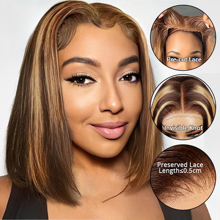 Glueless Honey Blonde Highlight 4x4 Straight Bob wig - Superlovehair