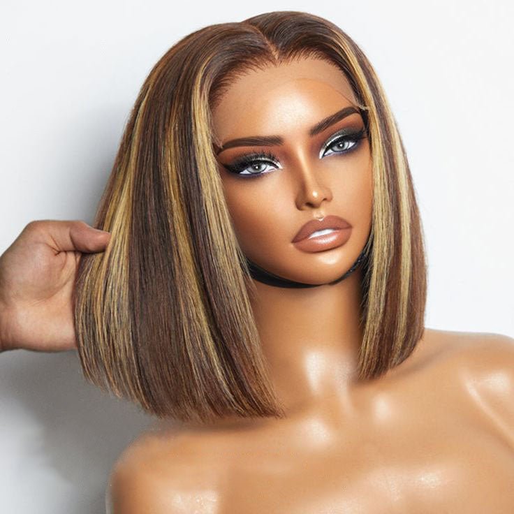 Glueless Honey Blonde Highlight 4x4 Straight Bob wig - Superlovehair