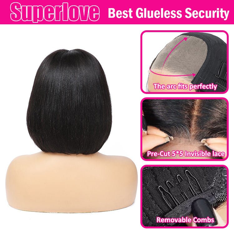 Glueless Max - cap Super Double Drawn 5X5 Straight BOB Wig 250% density - Superlovehair