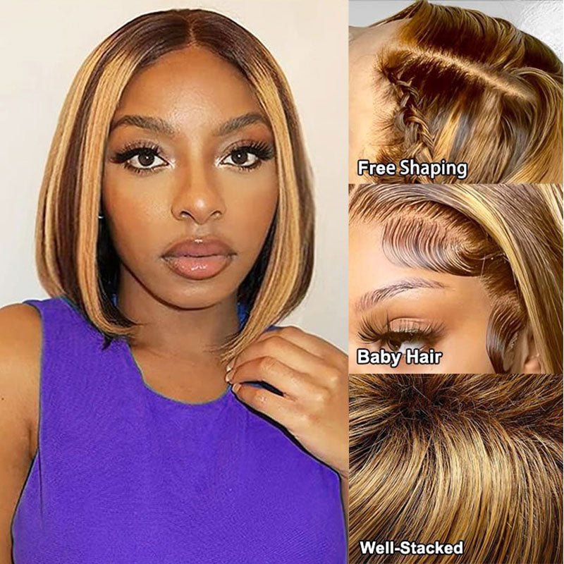 Lightning Deal 13x4 Lace Frontal Honey Blonde Ombre Highlight Bob wig - Superlovehair