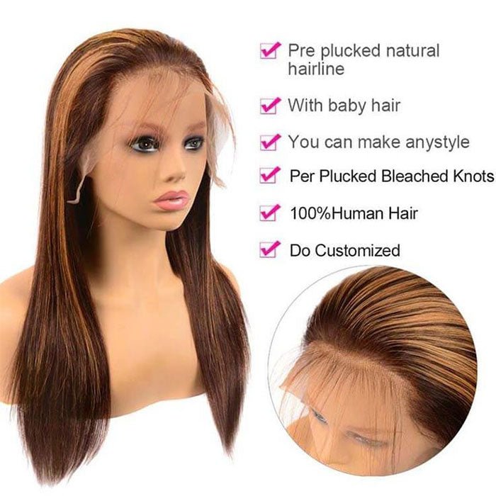 ReadytoGo Glueless 13x4 Straight Highlight Lace Frontal P4/27 Honey Blonde Wigs - Superlovehair