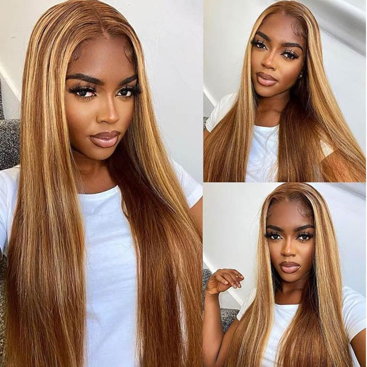 ReadytoGo Glueless 13x4 Straight Highlight Lace Frontal P4/27 Honey Blonde Wigs - Superlovehair