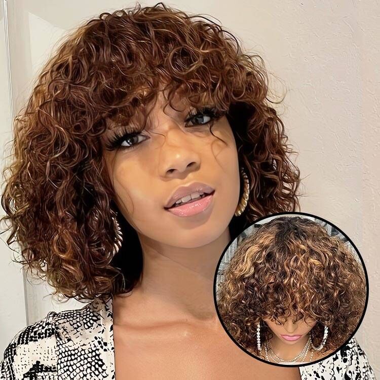Readytogo Highlight #4/30 Glueless Water Wave Bob Wig Human hair with Bangs - Superlovehair
