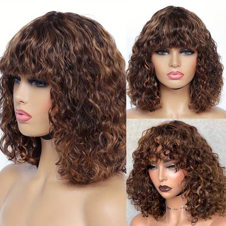 Readytogo Highlight #4/30 Glueless Water Wave Bob Wig Human hair with Bangs - Superlovehair
