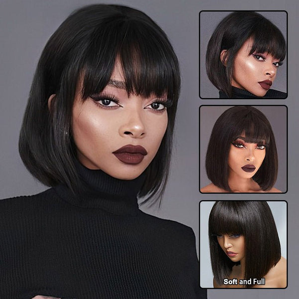 Straight Fringe Bob Wig With Bangs Brazilian Short Bob Human Hair Wigs For Women Machine Made Wig With Bangs Remy Hair Full Wig Natural Color