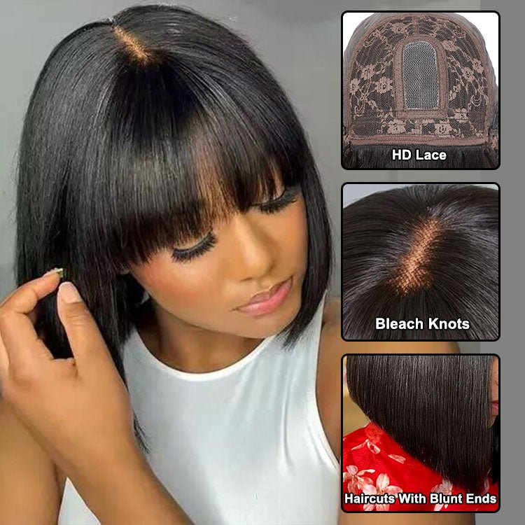 Worth Having- Superlove Glueless Mini Hd Lace Breathable Cap Silk Straight Bob Wig Human Hair with Bangs - Superlovehair