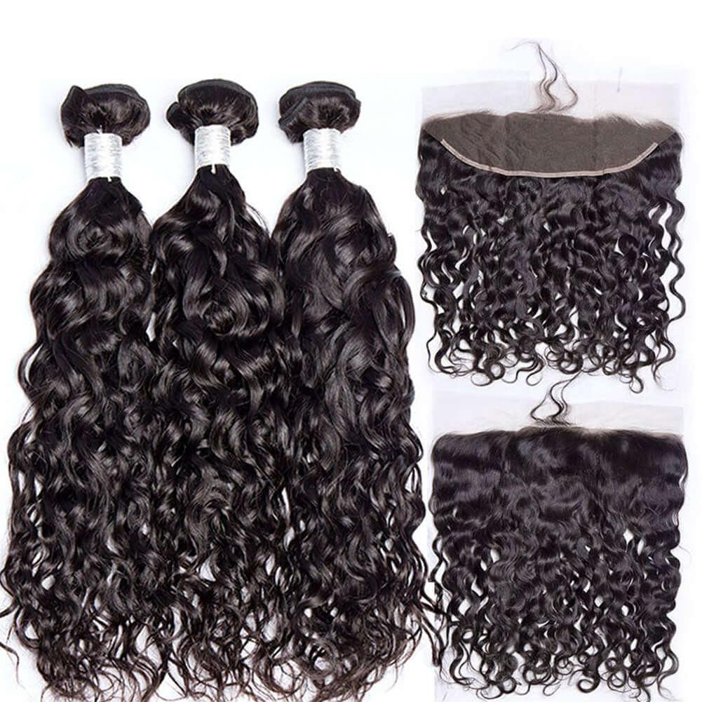 12A Brazilian Water Wave Human Hair 3 Bundles With Pre Plucked Frontal Natural Black Color - Superlovehair