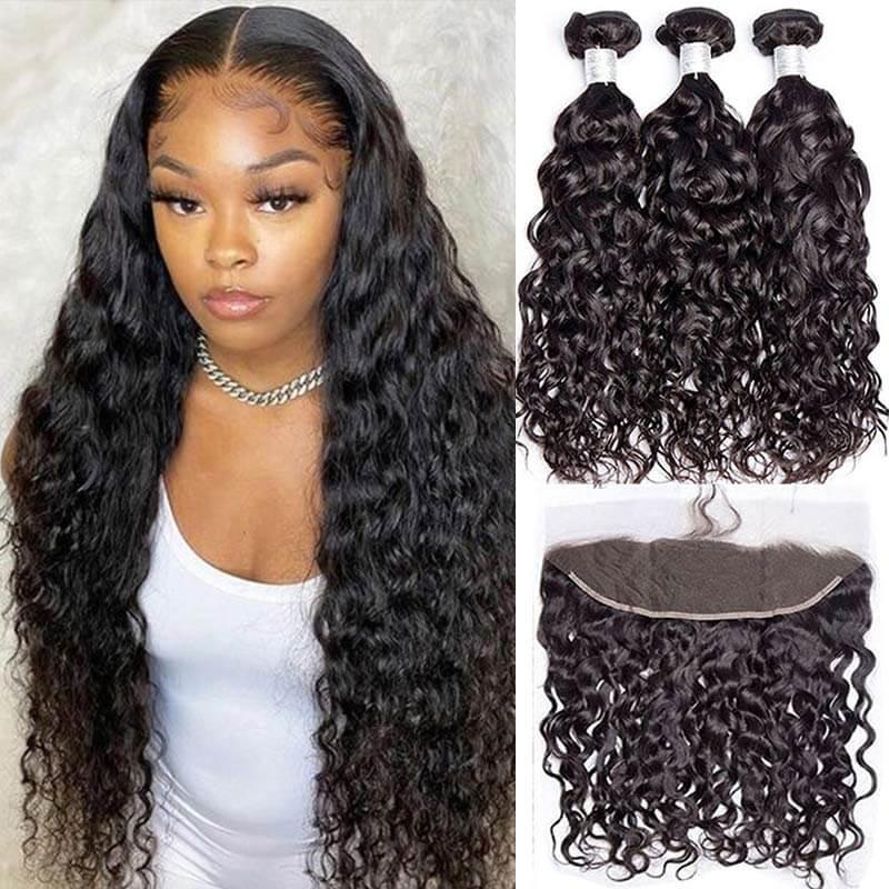 12A Brazilian Water Wave Human Hair 3 Bundles With Pre Plucked Frontal Natural Black Color - Superlovehair