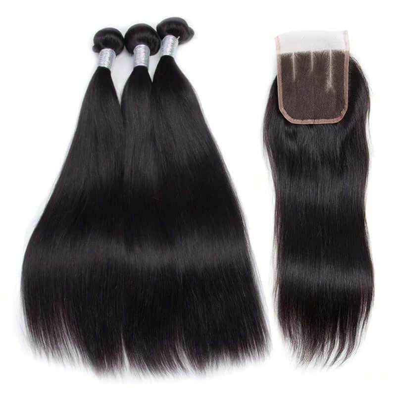 12A Grade Peruvian Human Hair 3 Bundles Straight Hair with 4x4 Lace Closure - Superlovehair