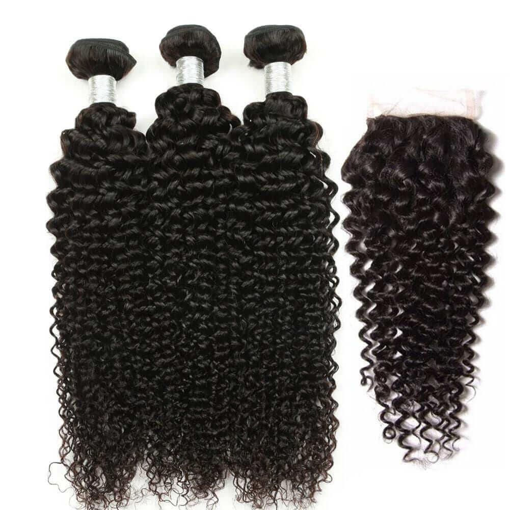 Brazilian Kinky Curly 3 Bundles With 4x1 T Part Lace Closure Jerry Curly Remy Human Hair Extensions - Superlovehair