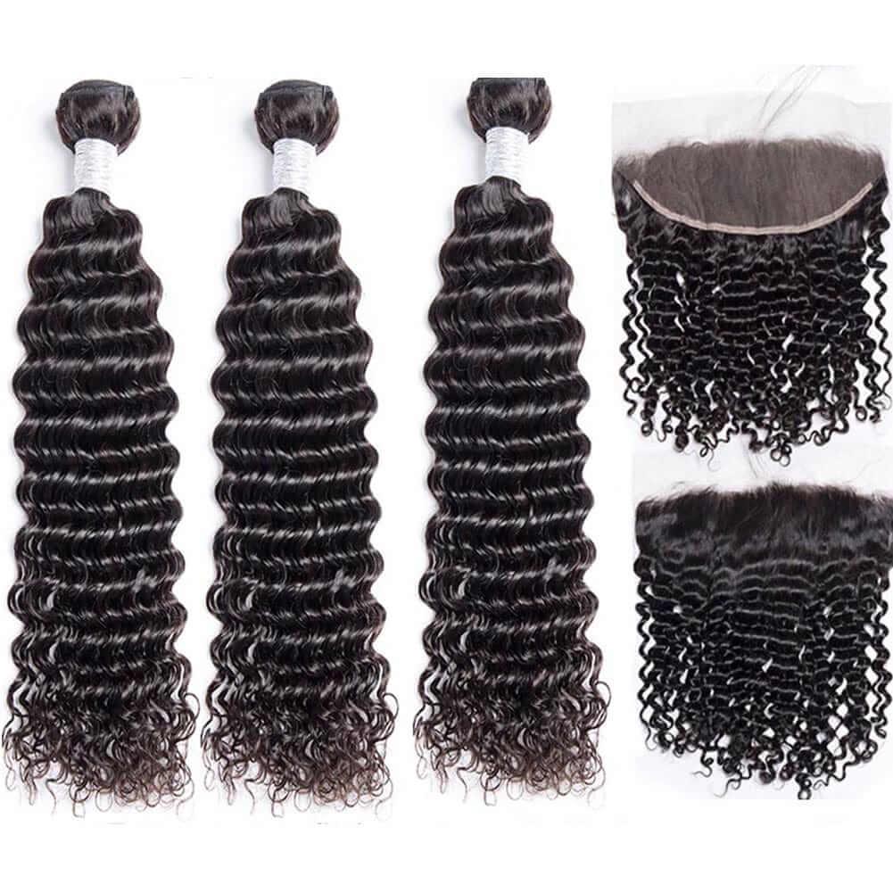 Deep Wave Hair 3 Bundles With Frontal 13x4 Free Part Lace Frontal 100% Virgin Human Hair - Superlovehair