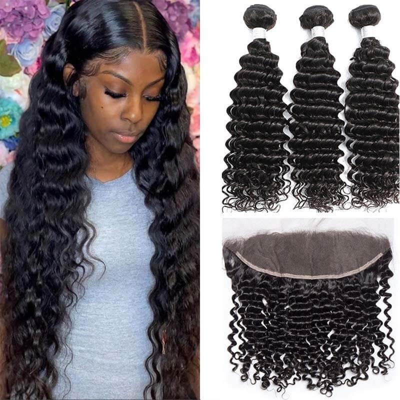 Deep Wave Hair 3 Bundles With Frontal 13x4 Free Part Lace Frontal 100% Virgin Human Hair - Superlovehair