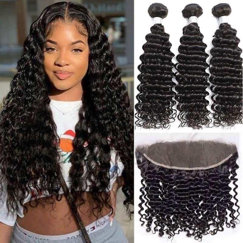 Deep Wave Hair 3 Bundles With Frontal 13x4 Free Part Lace Frontal 100% Virgin Human Hair - Superlovehair