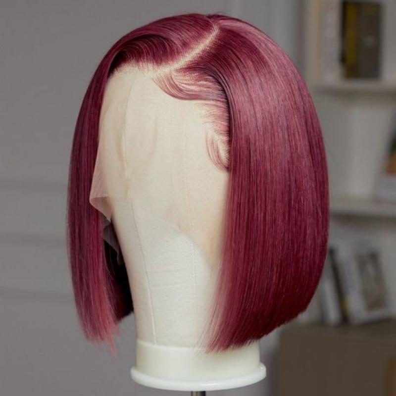 Glueless 99J Burgundy 13x4 Frontal Lace Straight Short Bob Wig - Superlovehair