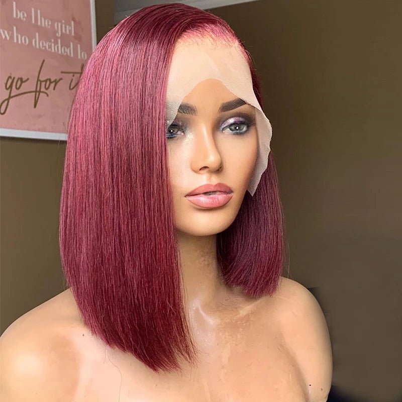 Glueless 99J Burgundy 13x4 Frontal Lace Straight Short Bob Wig - Superlovehair