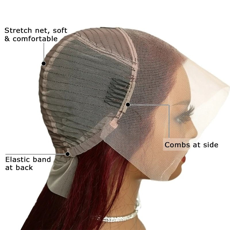 Glueless 99J Burgundy 13x4 Frontal Lace Straight Short Bob Wig - Superlovehair