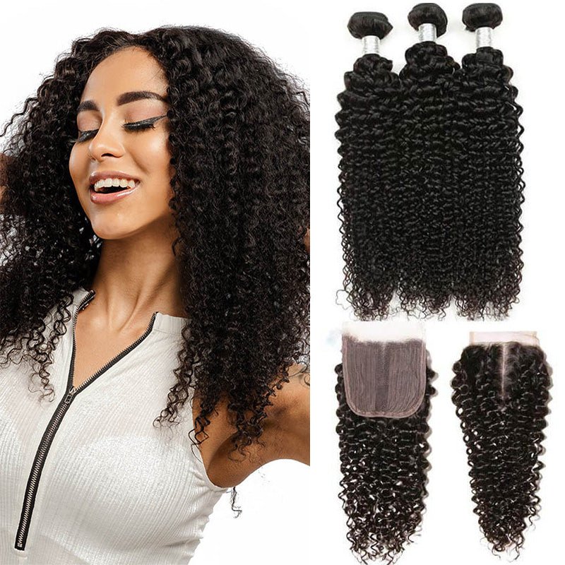 Kinky Curly 3 Bundles with 4x1 T Part Lace Closure Unprocessed Peruvian Human Hair - Superlovehair