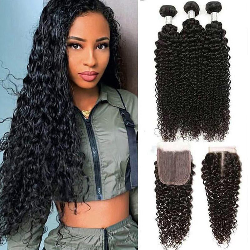 Kinky Curly Hair 3 Bundles Indian Human Hair With T Part Lace Closure - Superlovehair