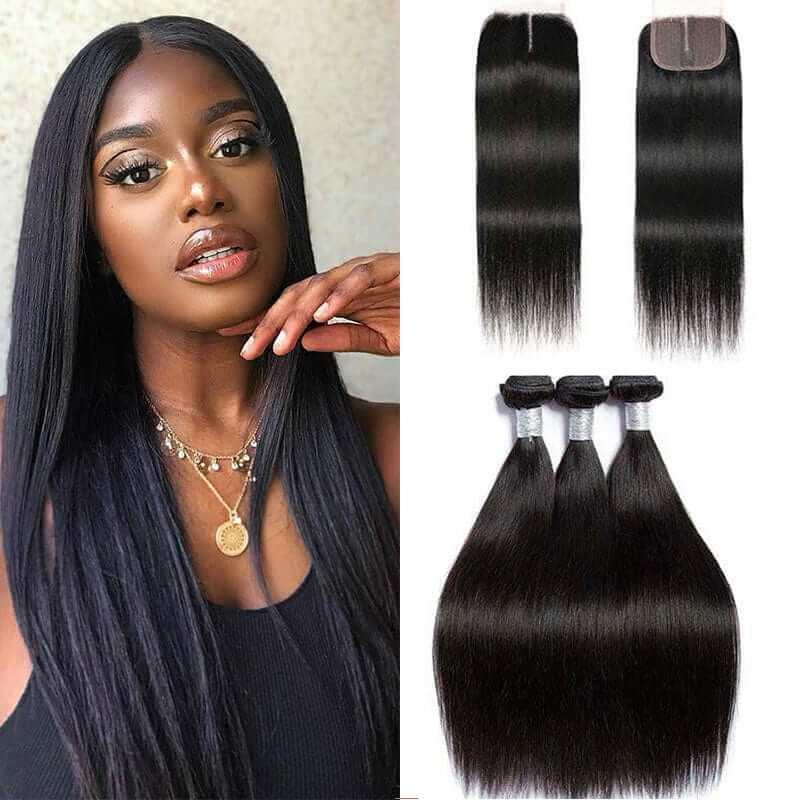 Straight 3 Bundles 12A Grade Indian Unprocessed Human Hair With 4x1 Lace Closure - Superlovehair