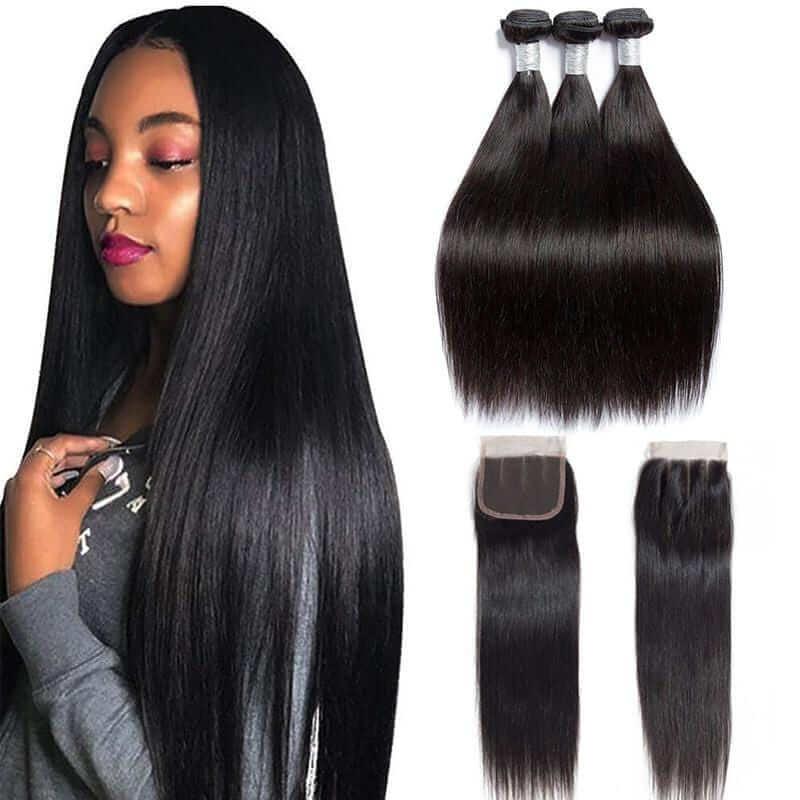 Straight Human Hair Bundles With 4x4 lace Closure Brazilian Remy Hair Extension 3 Bundle with Closure - Superlovehair