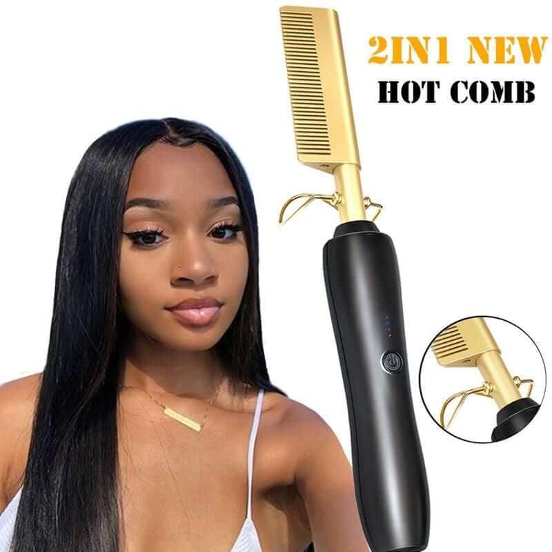 Superlove 2 in 1 Hot Comb Straightener Electric Hair Curler Flat Iron Titanium Alloy Hair Curler Brush - Superlovehair