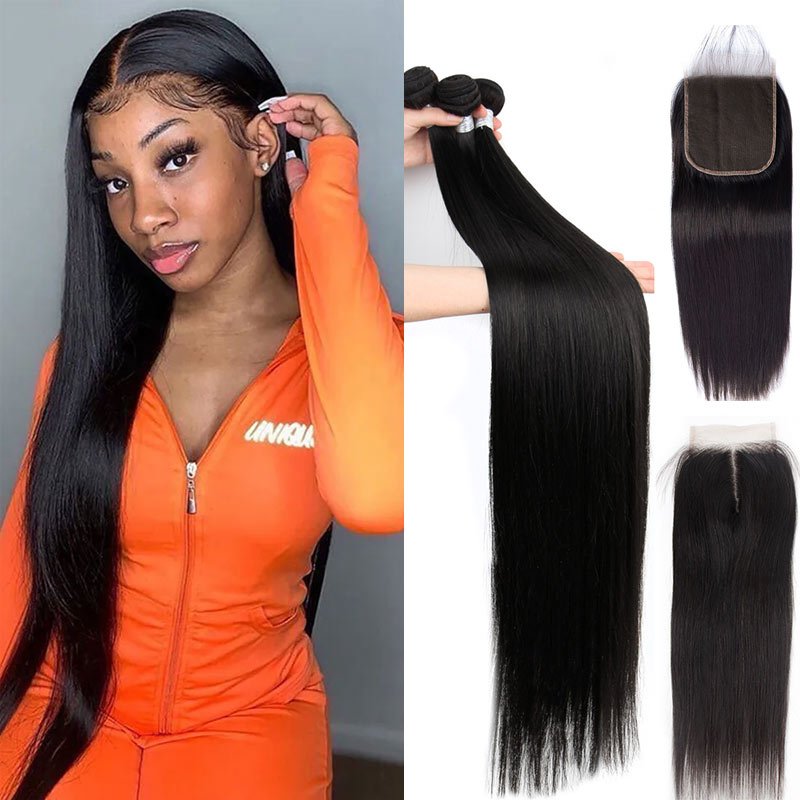Superlove Hair 3 Bundles Straight Hair with 4x4 Lace Closure 65g/Bundle 3 Pcs/Lot Natural Black Color Double Weft Hair 10-30 Inch Hair Extensions - Superlovehair