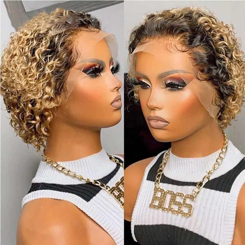 Worth | Pixie Cut Short Curly Wigs 13x1 Lace Front Wig 1B/27# Ombre Human Hair - Superlovehair